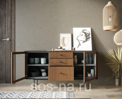 Комод две стеклянные дверки и три ящика "Emerson" EM14